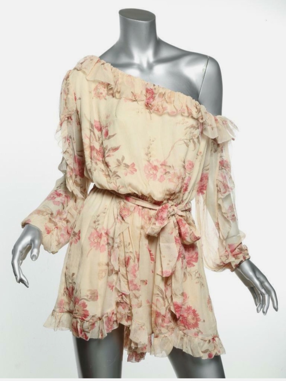 Zimmermann Beige and Pink Floral Ruffled playsuit 2 US6-8